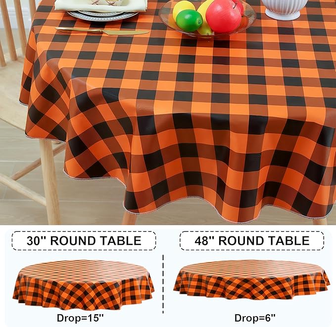 misaya Round Waterproof Vinyl Table Cloth, Buffalo Flannel Backed Tablecloth, Wipeable Plastic Table Cover for Dinner, Kitchen, Picnic (60", Orange and Black)