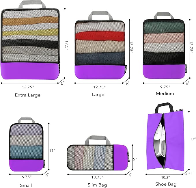 BAGAIL 4 Set/6 Set/8 Set Compression Packing Cubes Travel Accessories Expandable Packing Organizers(Purple HalfMesh 6 Set)