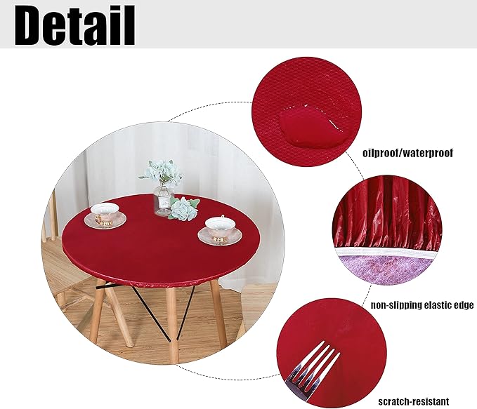 LUSHVIDA Round Waterproof Table Cover Elastic Vinyl Fitted Tablecloth Elastic Edged Plastic Table Cloth (Red, Best for Up to 45"-56" Round)
