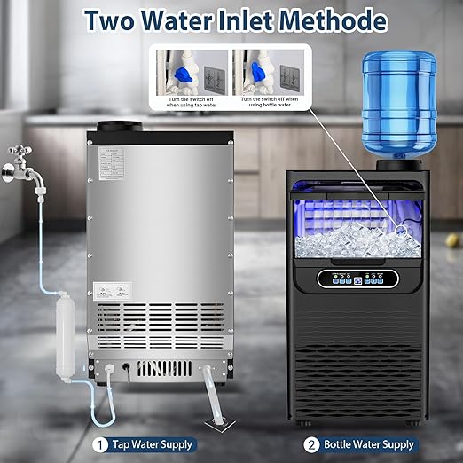 Commercial Ice Maker Machine 100 Lbs/24H, 36 Ice Cubes in 9-15 Mins, Dual Water Inlet Options, 20Lbs Storage Bin Stainless Steel Under Counter/Freestanding Ice Machine for Home, Party, Office