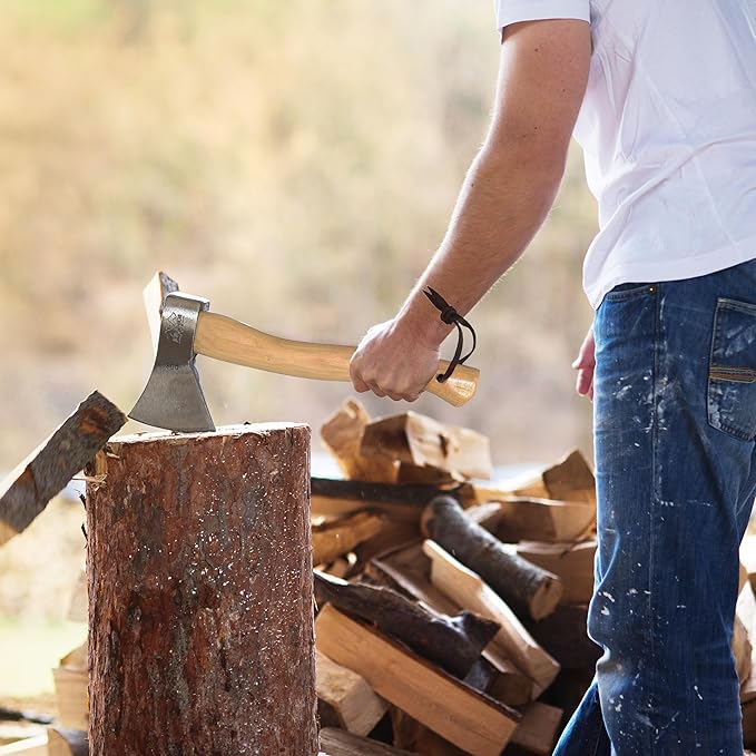 Prandi Axes German C45 Forged Carbon Steel Hatchet - Hickory Handle with Leather String - Ideal for Camping, Travel and Bushcraft - S/N 3.003.10.CH - 16" L x 6.85" W, 1000g Polished Head, No Sheath