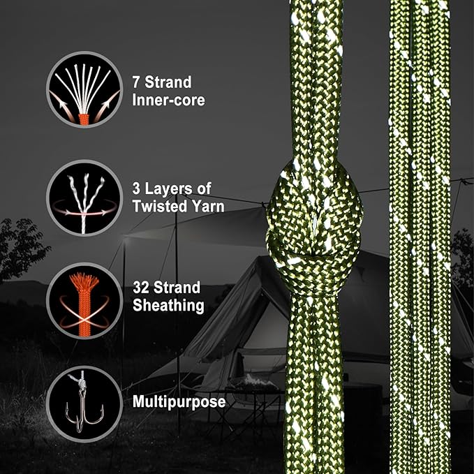 WEREWOLVES Reflective Paracord Rope 7 Strand Type III Parachute Cord 4mm 100ft / 200ft for Tent Camping Hiking Fishing Survival Tactical Clothesline DIY Projects