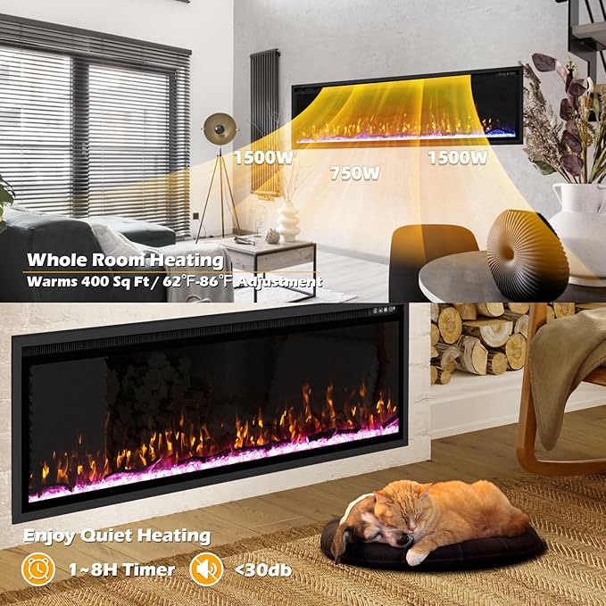 BREEZEHEAT 72 Inch Electric Fireplace-Recessed & Wall Mounted Linear Fireplace-750/1500W Heater w/Temperature Control, Log & Crystal Options, Adjustable Flame, Remote Control