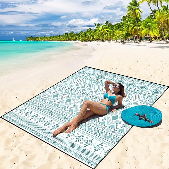 Beach Blanket Waterproof Sandproof Beach Mat 79" X 83"/10'x9'for 2-8 Adults Quick Drying Outdoor Picnic Mat Beach Accessories for Travel, Camping, Hiking