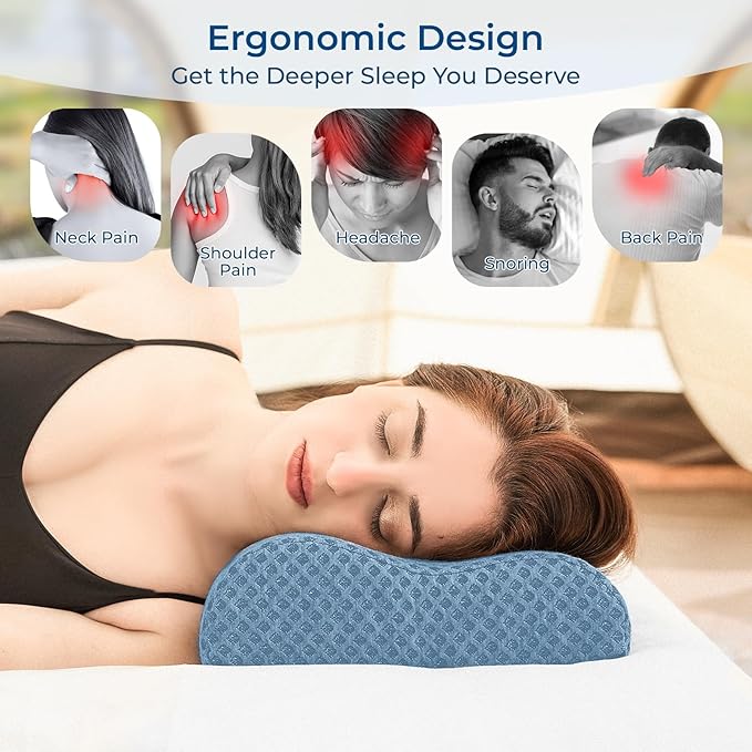 Travel Pillow Memory Foam Pillows, Ergonomic Wave Cervical Neck Pillow for Neck Pain Relief, Compressible Medium Firm Side Sleeper Pillow, Ideal for Camping, Office, Home & Bed (Blue, S)