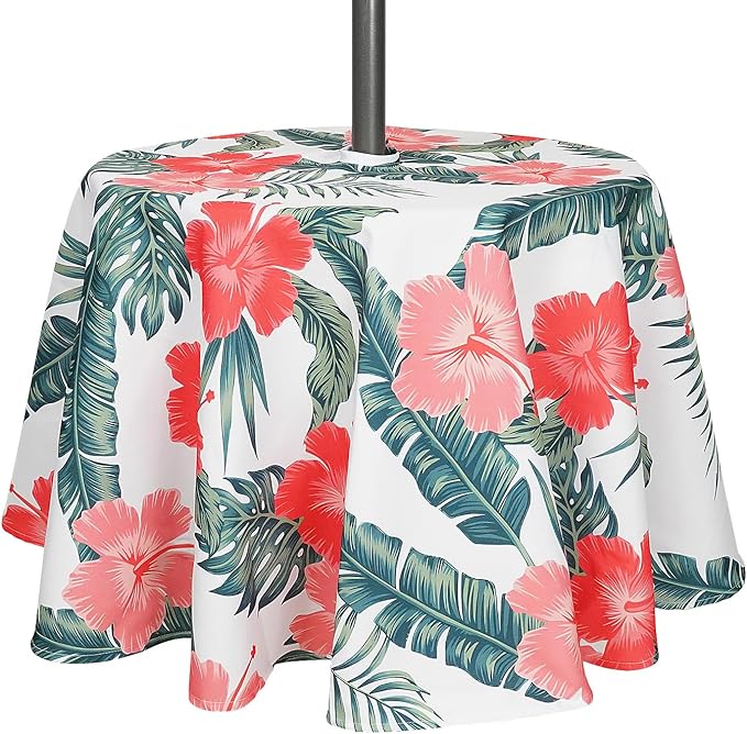 SquarePie Round Outdoor Talecloth, 60'' Waterproof Spill Proof Patio Table Cloth Cover with Umbrella Hole and Zipper for Spring Summer Party Picnic,Palm Leaf Red Flower