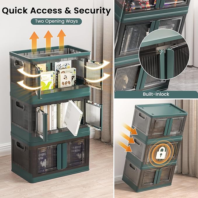 8.4Gal Collapsible Storage Bins with Lids & Wheels - 3 Pack Stackable with Doors, Heavy-Duty Plastic Containers for Home/Office, Green