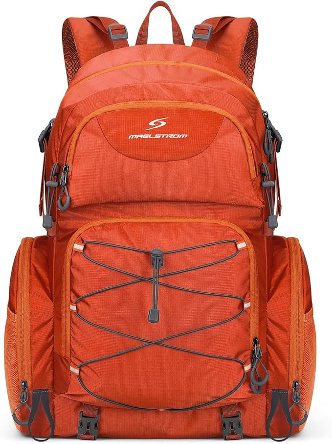 Maelstrom Hiking Backpack, 40L Waterproof Camping Daypack for Men and Women, Lightweight Travel Pack with Rain Cover-Orange