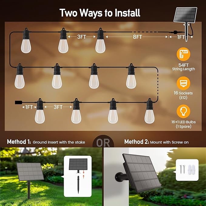 Solar String Lights Outdoor Waterproof 54 FT 16 Sockets 17 LEDs Patio Lighting, USB Charge & Remote Controlled Dimmer Timer, Solar Outdoor Lights for Patio Yard Outside Camping Party 2700K