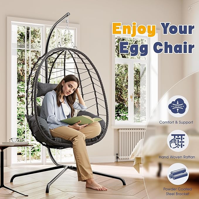 Egg Chair with Stand, Patio Wicker Bifanuo Hanging Chair, Hammock Swing Chair, 350LBS Capacity for Bedroom, Balcony, Garden(BR-GR)