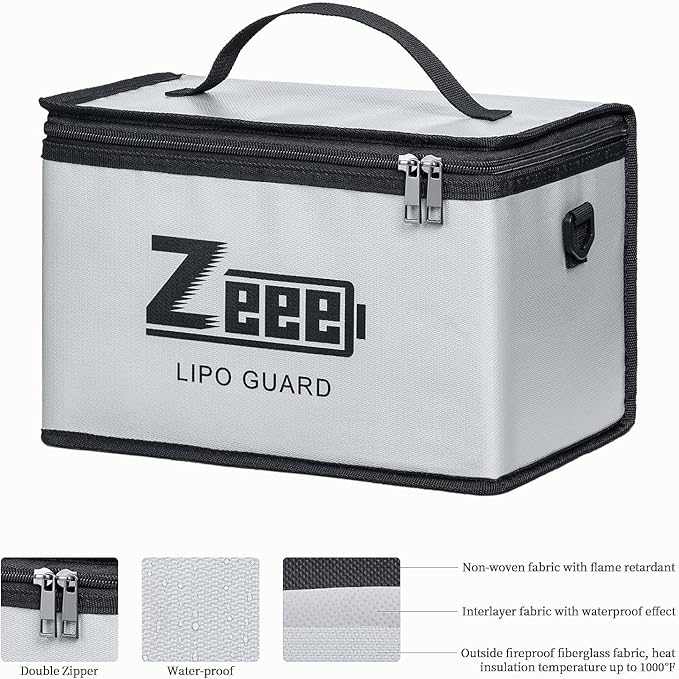 Zeee Lipo Fireproof Safe Bag - Large Capacity Storage Guard Pouch for Charging - 10 Cell Adjustable (10.6x6.7x6.7in)