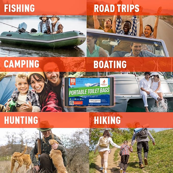 Firebelly Outfitters Portable Toilet Bags for 5 Gallon Bucket - 80 Biodegradable Camping Poop Bags - Leak-Proof, Durable Waste Bags for Outdoor, RV, & Emergency Use - Easy Disposal