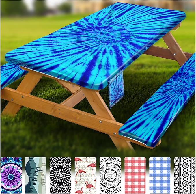 Fitted Picnic Table Cover with Bench Covers Vinyl Waterproof Elastic Edges Fitted Rectangle Tables Patio Tablecloth Camping Gear and Essentials Rv Accessories Road Trip Supplies Car Travel Must Haves