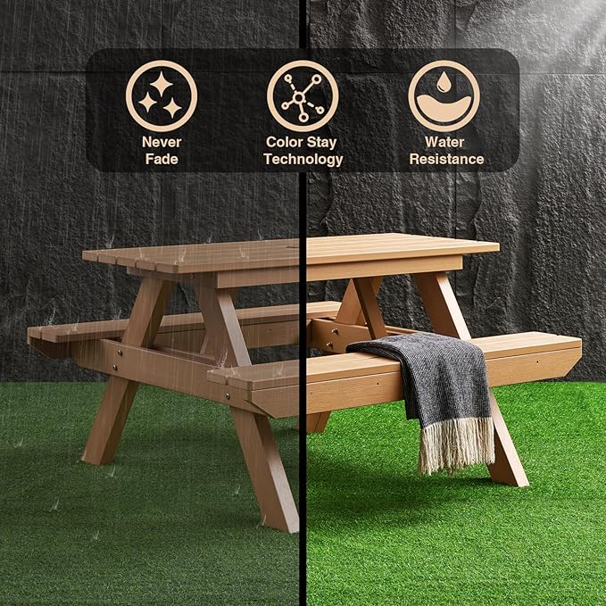 Psilvam Picnic Table - Heavy Duty Poly Lumber with Umbrella Hole & Integrated Benches, 100% Waterproof All-Weather for Patio, Garden (Teak Color)
