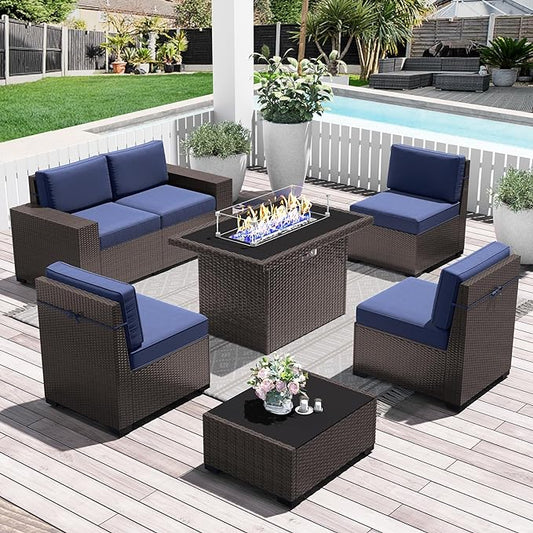 LayinSun 7 Pieces Outdoor Patio Furniture Set with 44" Fire Pit Table Brown Rattan Sectional Sofa Conversation Sets