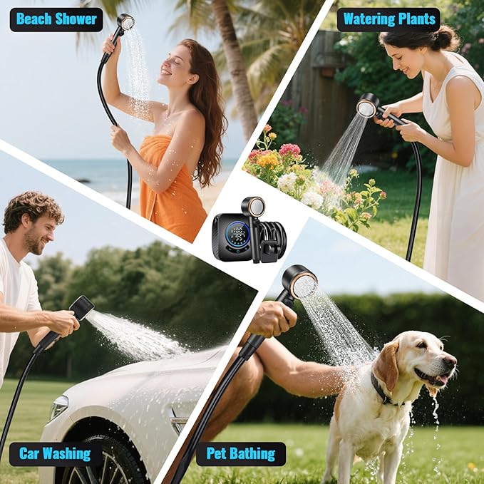 Upgraded Portable Shower with Heater, 1500W Immersion Heated, 8000mAh Rechargeable Camping Shower Pump with LED Display, IPX8 Waterproof Lightweight Outdoor Shower Pump Kit for Hiking, Travel, Car
