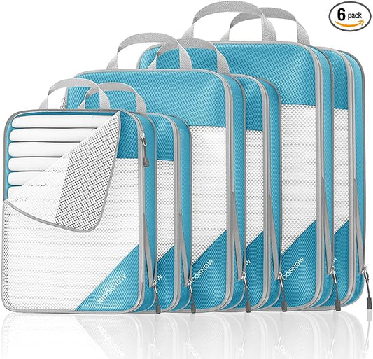 Compression Packing Cubes 6 Set, Compressible Space-Saving Packing Cubes for Travel - Compression Bags, Luggage Organizer, Travel Essentials for Women, Teal