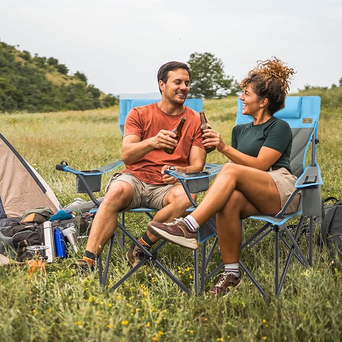 Outdoor Folding Camping Chair -Oversize Camping Chairs for Adults,Support 400lbs with Pillows & Cup Holders & Cooler Bags- Heavy Duty Collapsible Chairs for Sports Garden Beach Fishing(Bluegray)