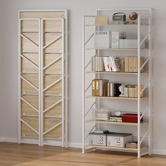 JSB No Assembly Folding Bookshelf, 6 Tier Industrial Metal Book Shelf for Storage, Vintage Wood Foldable Bookcase for Living Room, Bedroom, Office Organization Shelves