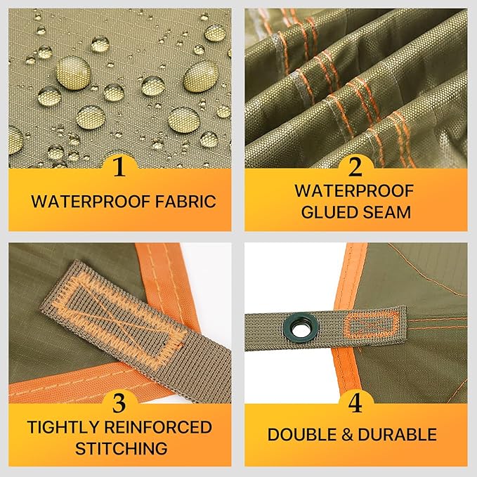 Camping Tarp Tent Portable Multifunctional Bushcraft Backpacking Tear-Resistant Fabric Rain Fly Tarps Awning Shelter Lightweight Waterproof Tarp(10×10 tarp)