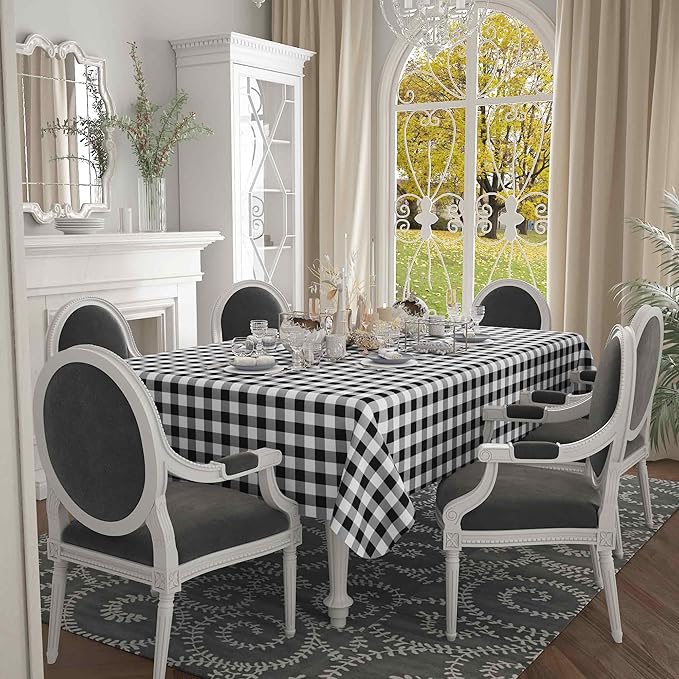 misaya Rectangle Waterproof Vinyl Table Cloth, Buffalo Flannel Backed Tablecloth, Wipeable Plastic Table Cover for Dinner, Kitchen, Outdoor (60" x 120", Black and White)