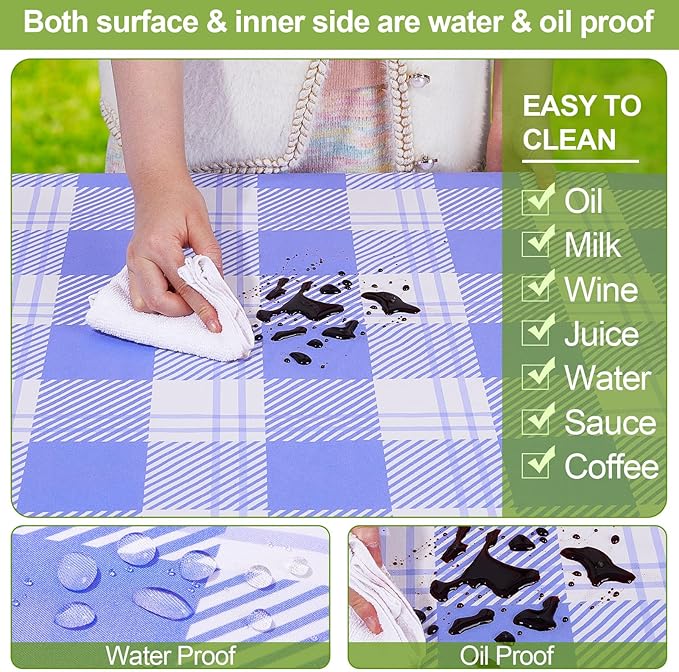 Picnic Table Cover with Bench Covers Camping Essentials Waterproof Windproof Camping Tablecloth with Drawstring Bag, Fitted Rectangle Tables and Seats, 96in, Light Blue Checkered