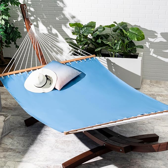 Fab Habitat Solid Recycled Polyester Hammock - Fargo - Blue - Indoor/Outdoor, Quick Dry, 2 Person 460 lbs Capacity - Patio, Poolside, Backyard, Garden, Beach, Balcony - 12-14 ft Adjustable