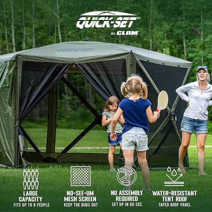 CLAM Pop Up Screen Tent, Outdoor Camping Gazebo Canopy, Escape, 11.5', Green - Heavy-Duty Portable Screened Shelter with Netting for Beach, Patio, and Backyard