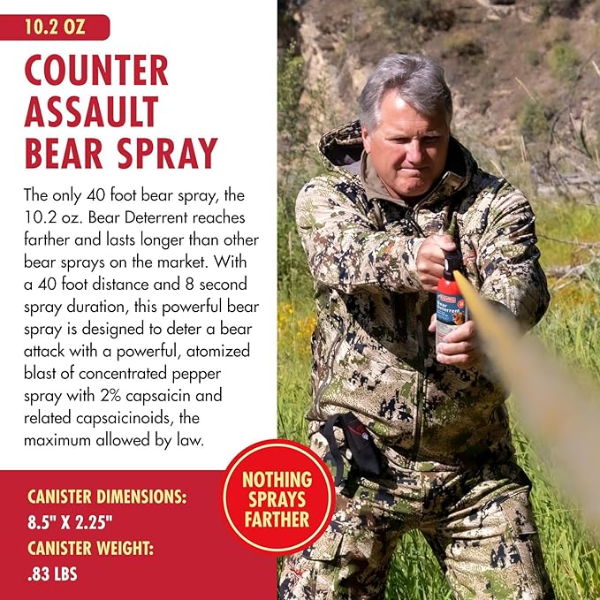 Counter Assault Bear Spray - Bears, Mountain Lions, Coyotes - Long-Range 40ft Distance - Pepper Spray Safety Gear for Hiking & Camping Protection - 2% Capsaicin - 10.2 oz