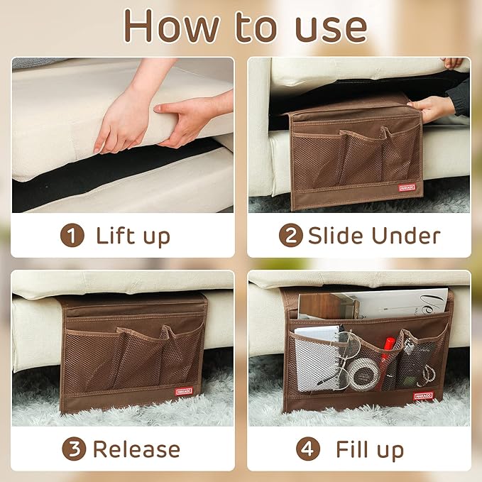 HAKACC Bedside Organizer, Bedside Storage Caddy Organizer with Hanging Pocket, Remote Holder for Bed Accessories, Brown