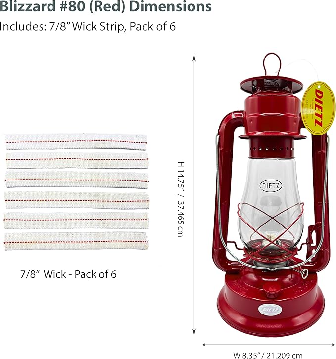 Light of Mine - Dietz #80 Blizzard Oil Lantern with 7/8" Replacement Wick Strips (Red)
