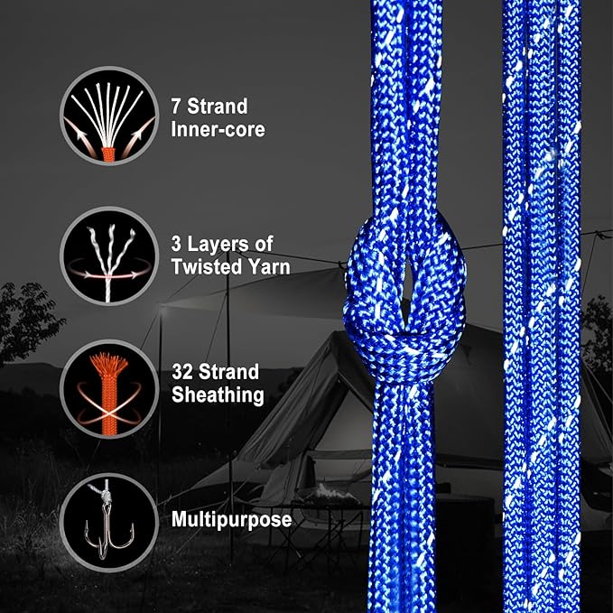 WEREWOLVES Reflective Paracord Rope 7 Strand Type III Parachute Cord 4mm 100ft / 200ft for Tent Camping Hiking Fishing Survival Tactical Clothesline DIY Projects