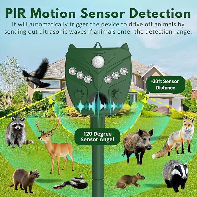 Solar Ultrasonic Animal Repellent Outdoor - NAVISOVL - Cat, Squirrel, Deer Repeller, Motion Sensor&Flashing Light, Repel Dogs,Boar,Deer,Fox,Raccoon,Skunk,Rabbit,Bird Deterrent for Yard&Farmland