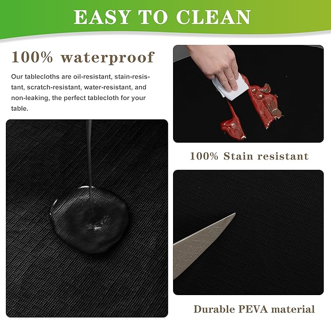 LUSHVIDA Round Waterproof Table Cover Elastic Vinyl Fitted Tablecloth Elastic Edged Plastic Table Cloth (Black, 2PCS Best for Up to 57"-68" Round)