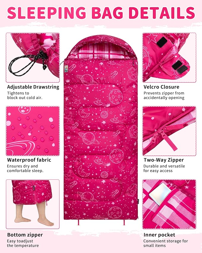 KingCamp 45° F Kids Sleeping Bag, Lightweight Waterproof & Compact Flannel Sleeping Bags Cold Weather & Warm Youth Essentials Gear Accessories for Camping, Fits 10-12 Children up to 5'5" Tall