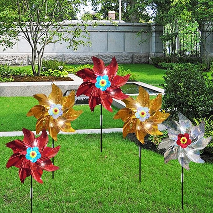 Sparkly Reflective Pinwheels with Stakes, Wind Spinners Outdoor Bird Scare Devices, Foil Pin Wheel Holographic Whirl Windmill for Yard Garden Decor Garden Wind Spinner 6 Packs - Silver