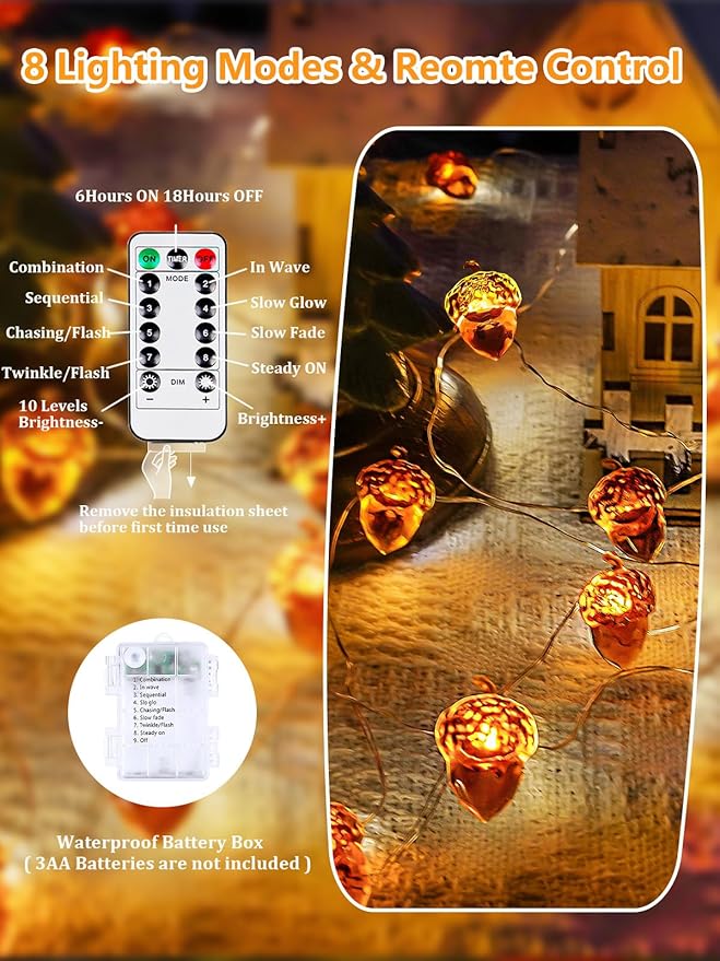 Fall Decor Acorn Fairy Lights Battery Operated with Remote, 10ft 30LED Acorn Fall Lights String 8 Modes & Timer Waterproof Outdoor Indoor for Thanksgiving Autumn Harvest Garland Halloween Decorations