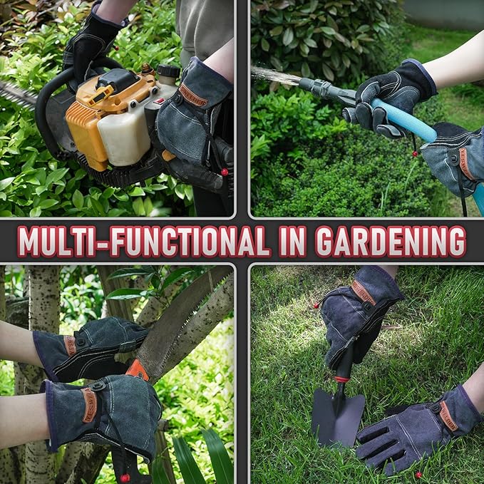 YESWELDER Leather Work Gloves for Men or Women，Suitable for welding & gardening etc. Cowhide leather with cotton lining, wrist closure, grippy and durable.Reinforced palm and finger,Black-gray L