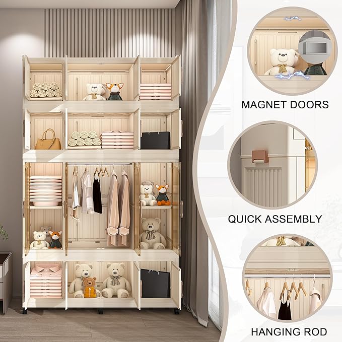 Portable Wardrobe Closet Storage Organizer, Plastic Collapsible Closet Organizer with Transparent Magnetic Door, for Living Room Bedroom,Easy Assemble,16 Cubes & 1 Hanging Rod