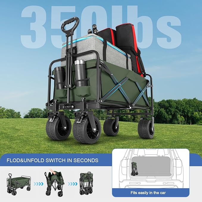 Beach Wagon with Big Wheels for Sand,Collapsible Folding All Terrain Utility Wagons Carts Foldable with Brakes for Sand Camping Sports Outdoor.