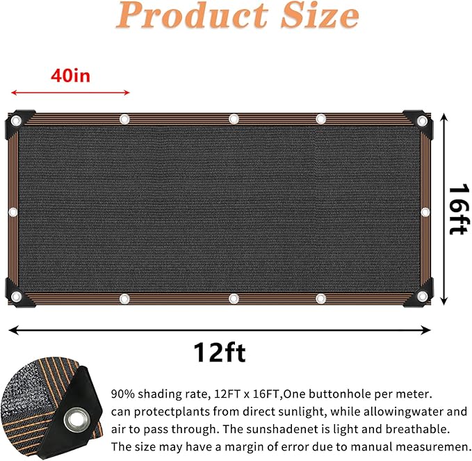 QLOFEI Shade Cloth for Garden, 90% Sunblock Neting Cover with Grommets, Sun Shade Cloth for Patio Kennel Chicken Coop Pergola Greenhouse Plants Cover Mesh Tarp, 12x16 FT