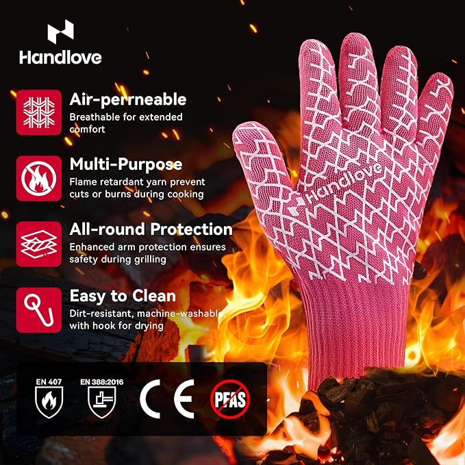 HandLove BBQ Gloves, Oven Gloves with Fingers – Heat Resistant Gloves for Grilling | Silicone Grip, Long Cuff Mitts - Kitchen & Outdoor Barbecue, Cooking, Baking, Pink S