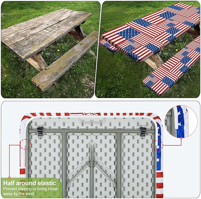 Picnic Table Cover with Bench Covers Camping Essentials Waterproof Windproof Camping Tablecloth with Drawstring Bag, Fitted Rectangle Tables and Seats, 60in, Red Blue White