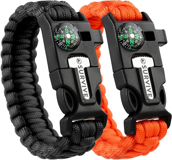 SURVIVE Paracord Bracelet, Pack of 2, Emergency Hiking Survival Kit Fire Starter Compass Whistle, 3 Wrist Sizes: Small Medium Large, 8.5-10 ft Continuous Strand Flint Steel Scraper 5 in 1