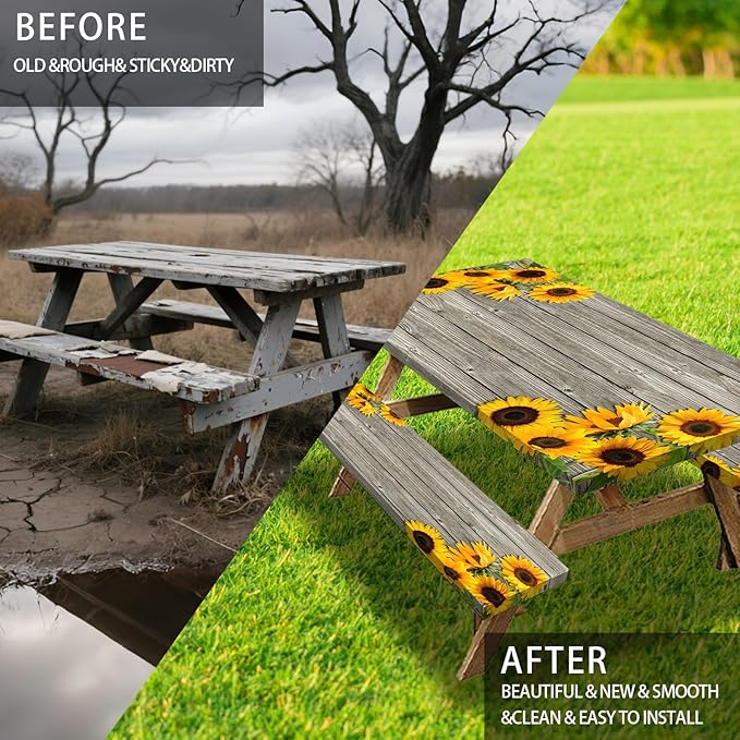 3 Pcs Sunflower Wooden Picnic Table Cover with Bench Covers,6Ft Rustic Sunflower Waterproof Fitted Picnic Table Cloths Retro Wood Texture Elastic Outdoor Picnic Tablecloth for Camping Patio Travel