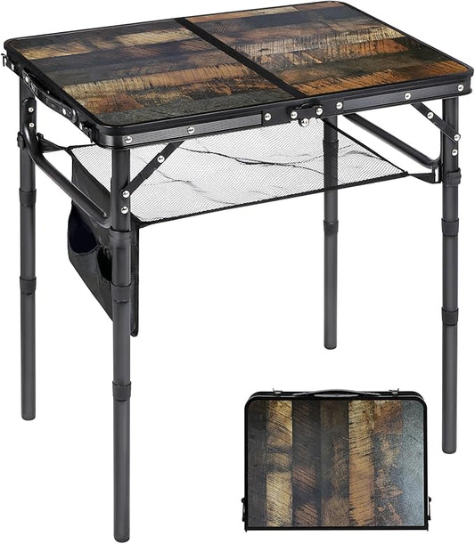 RedSwing Small Folding Table with Side Pocket Adjustable Height, Lightweight and Portable Aluminum Frame Camping Table for Outdoor Indoor Picnic, 2 Feet, Brown Wide Wood Grain