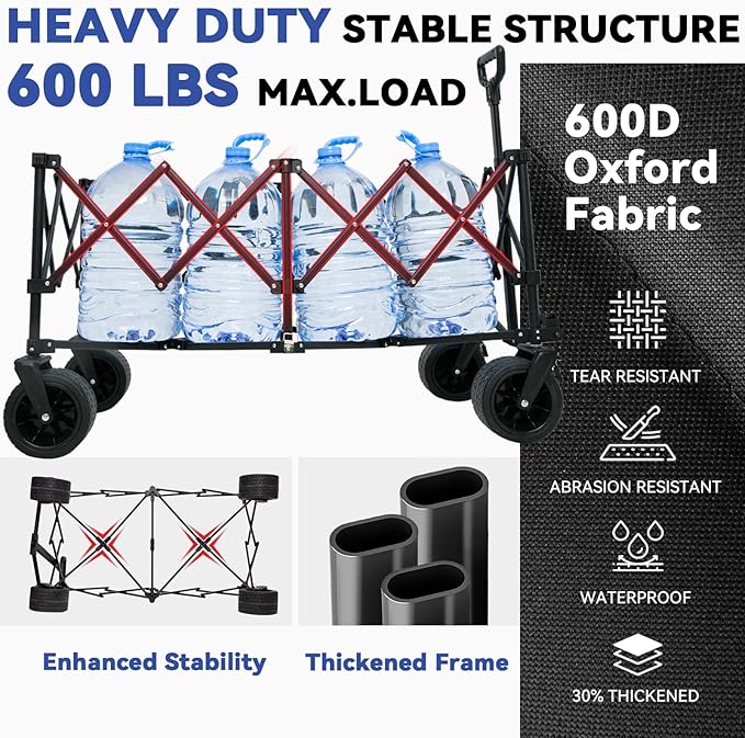 FUNDANGO 600lbs Heavy Duty Wagon, Foldable Beach Collapsible Wagons Garden Cart with Brakes, Side Pockets & All-Terrain Big Wheels for Sports Camping Shopping Groceries, Black