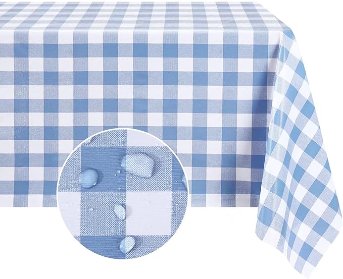 Romanstile Rectangle Vinyl PVC Tablecloth, 100% Waterproof Buffalo Plaid Plastic Table Cloth, Oil Proof Heavy Duty Wipeable Table Covers for Dining/Camping/Picnic/Outdoor - 60 x 102, Light Blue