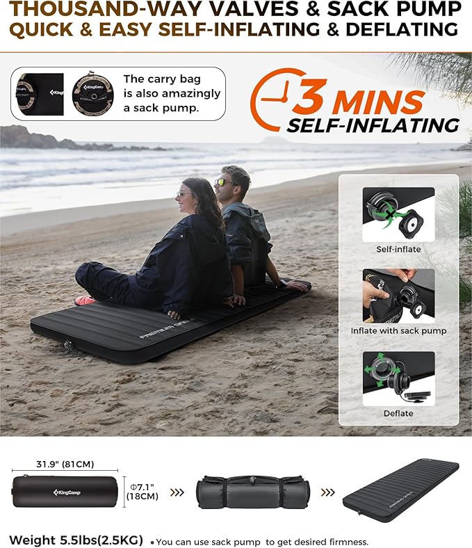 KingCamp Self Inflating Sleeping Pad, R 7.9 Air & Foam Sleeping Pad for Camping All Seasons, 3" Thick Single Camping Mattress for Camp Tent Outdoor Car, PVC Free (Black)