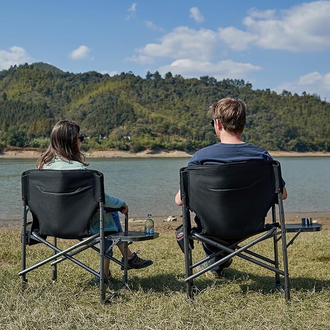 TIMBER RIDGE Aluminum Oversized Camping Chair, Lightweight Portable Directors Chair with Side Table Detachable Side Pocket for Outdoor Camping, Lawn, Picnic, Support 400lbs Black